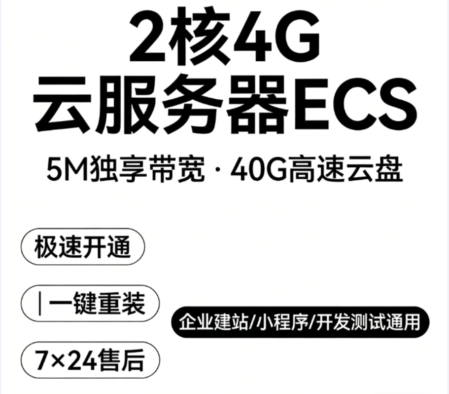 云服务器 ECS 2 核 4G 5M 独享大带宽 40G 高速 SSD 云盘 企业建站小程序开发测试主机